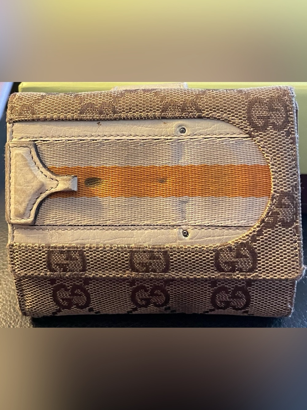 Gucci Beige and Brown GG Canvas Wallet with Orange Accent